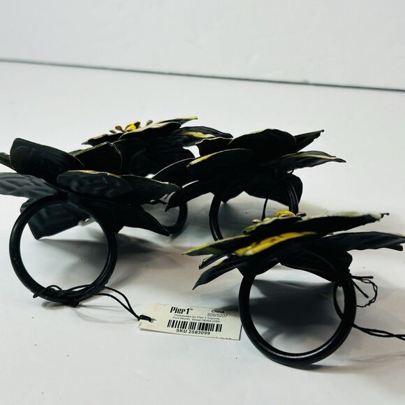 Pier 1 Flower Napkin Rings Lot of 4 Enamel Metal Sage Green Red Yellow NEW 3.75" - Picture 4 of 6